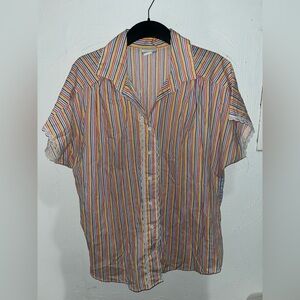 Multicolor striped women’s shirt. Size M-L. Vintage with lace trim on sleeves.
